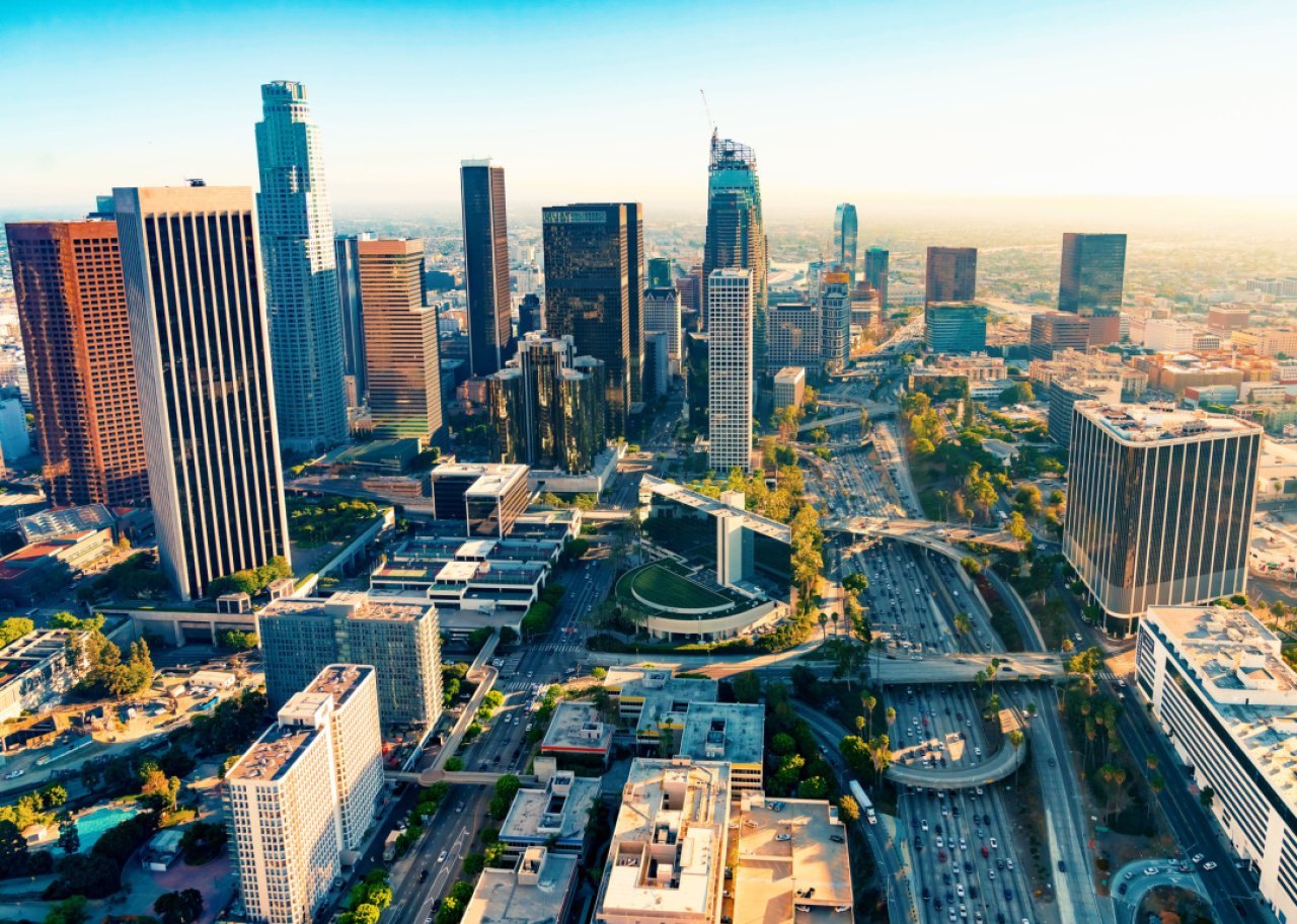 #34. Los Angeles Aerial view downtown at sunset.