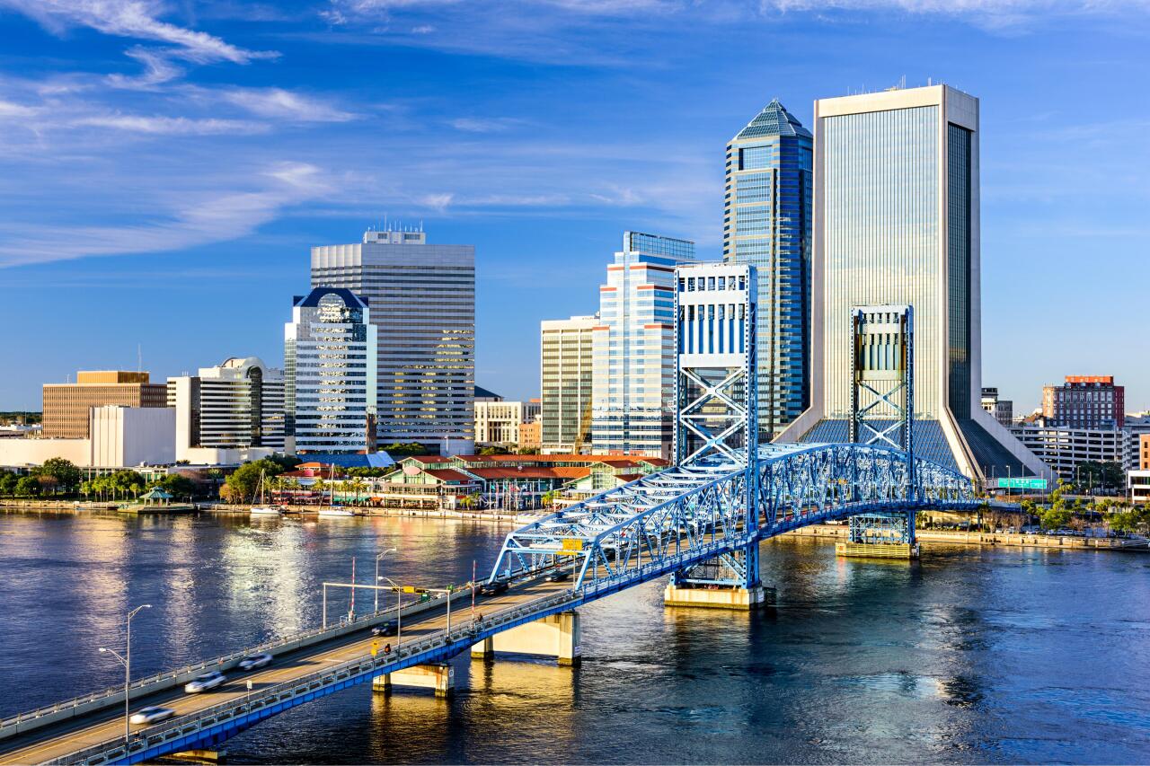 #28. Jacksonville, Florida Jacksonville skyline and bridge.