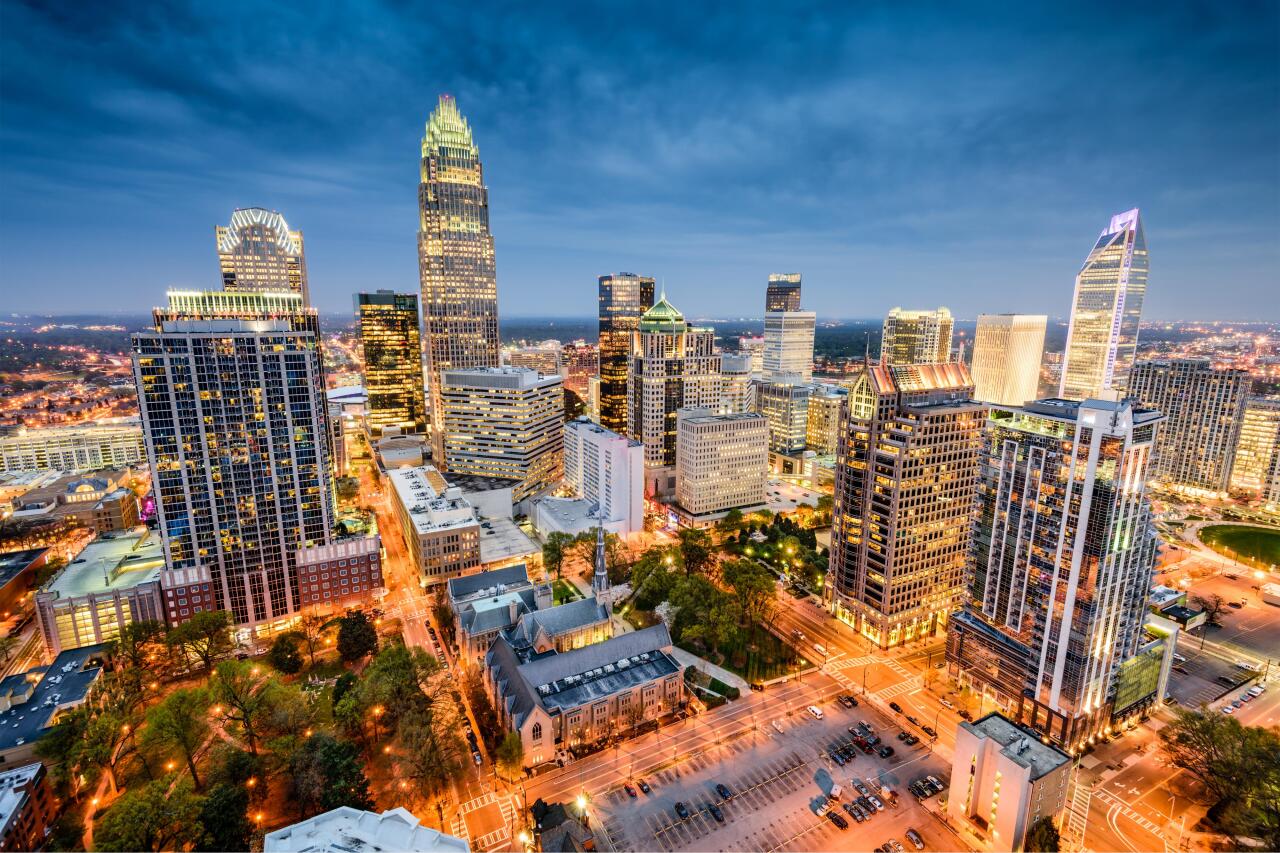#16. Charlotte, North Carolina Charlotte cityscape at night.