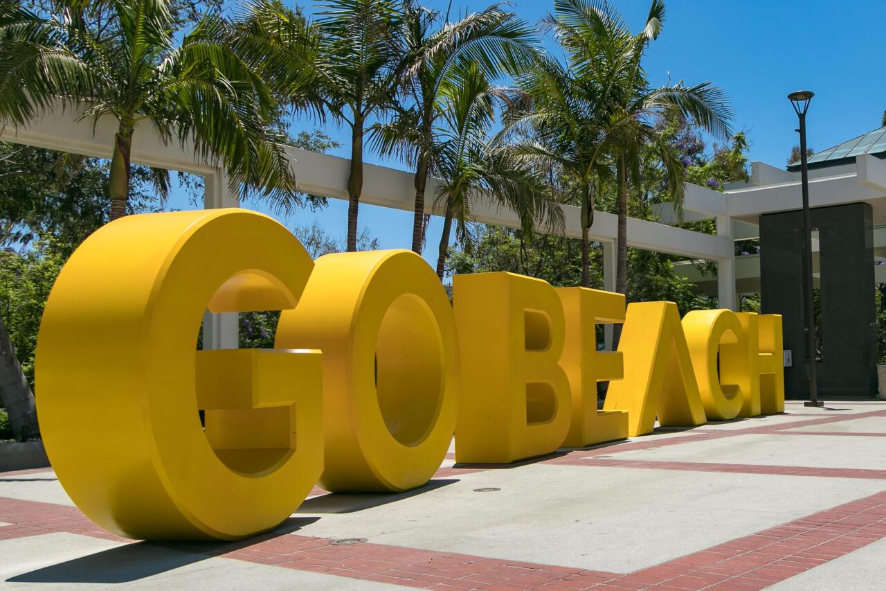 #26. Long Beach, California GO BEACH sign and palm trees.