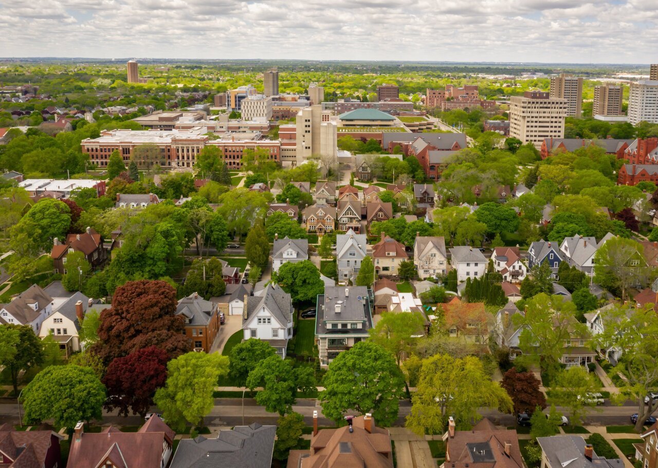 #47. Milwaukee Aerial view of Milwaukee looking west towards the University of Wisconsin.