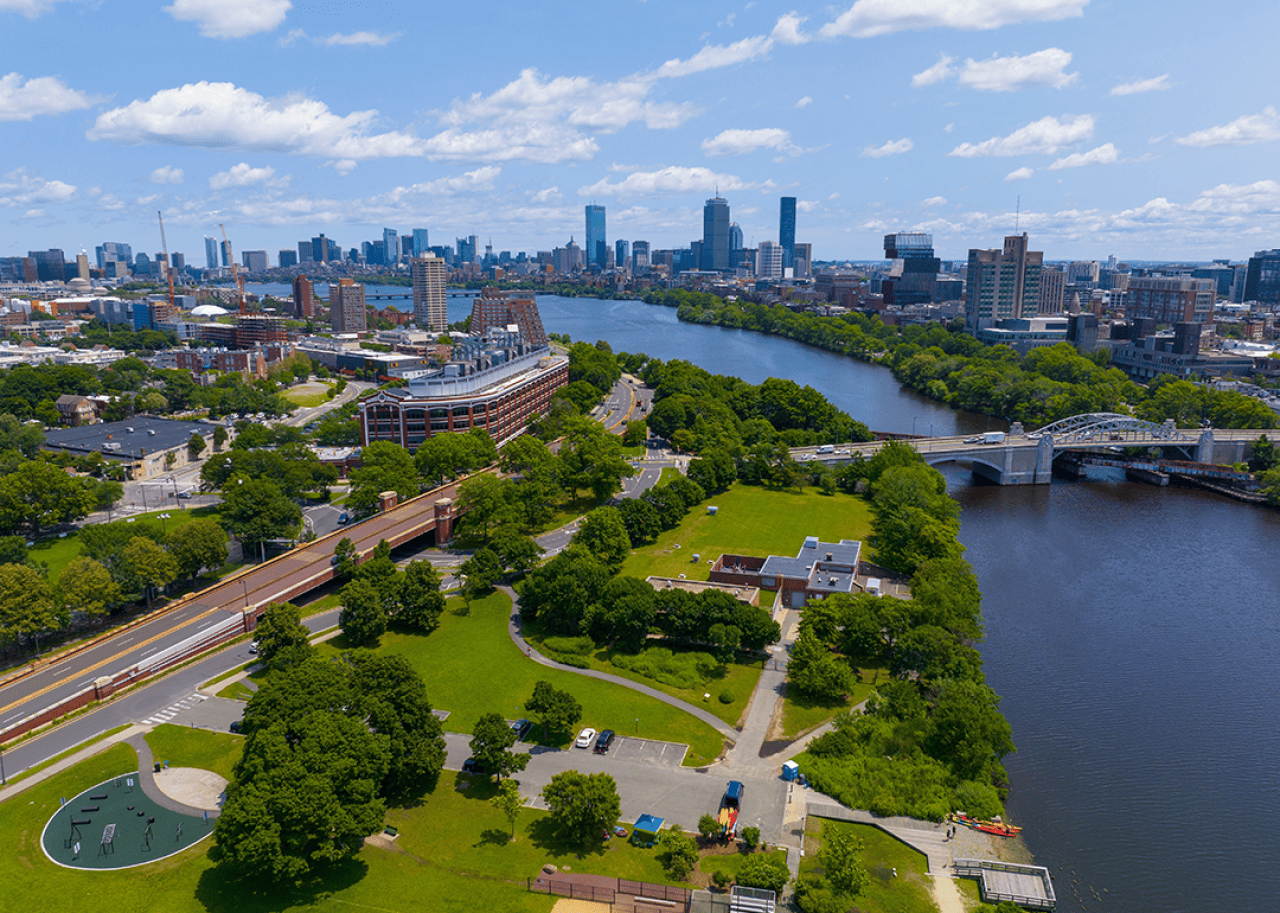 #48. Boston Boston University Bridge across Charles River aerial view with Cambridge on the left and Boston Back Bay on the right.
