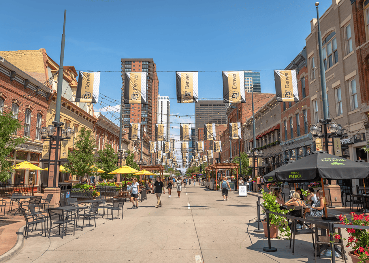 #50. Denver Banners and lights adorn a pedestrian friendly area of Larimer St.