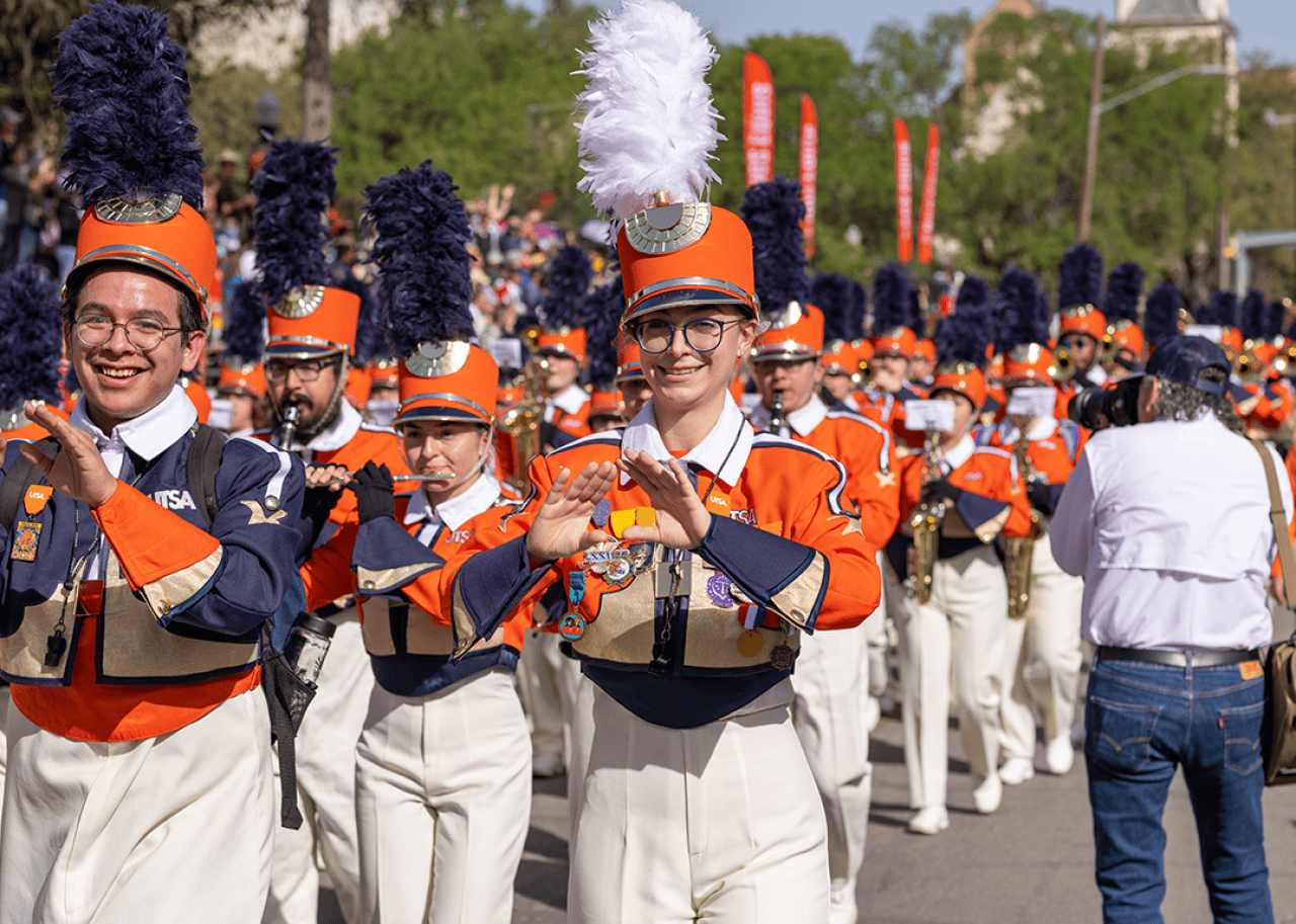 #29. San Antonio The University of Texas at San Antonio Marching Band performing at parade.